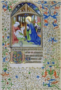 La Vergine e Giuseppe adorano il Cristo neonato, da un Libro d