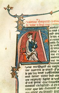 Ms 682 fol.17v Iniziale istoriata A raffigurante un re seduto con una spada a doppio taglio da French School