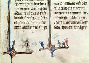 Ms 838 fol.55 Un uomo che guida il suo asino che trasporta sacchi di grano a un mulino a vento, dall
