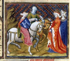 Ms Fr. 120 La Dama del Lago che incontra Ginevra, da La storia di Lancillotto in La Quite de Saint Graal da French School