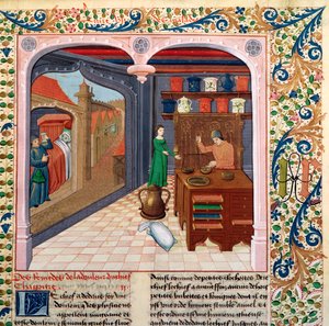 Un paziente nel suo letto e un farmacista che prepara medicine, da Le Livre des Proprietes des Choses di Barthelemy l