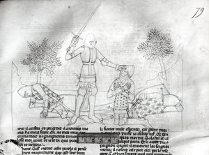 Ms Fr 343 f.79 Armare un cavaliere su un campo di battaglia, da Lancillotto del Lago da French School