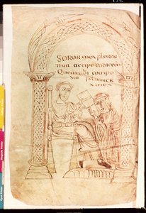 Ms Lat 13396 Fol.1 Isidoro offre il suo lavoro a sua sorella Florentina, da De fide catholica ex Veteri et Novo Testamento contra Judaeos di Isidoro di Siviglia (c.560-636) c.800
