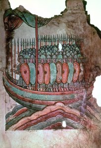 Ms Lat 1390 fol.7 Soldati normanni che attraversano il canale della Manica, da La Vie de Saint Aubin d