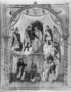 Re Carlo II (823-877) riceve una Bibbia dal conte Vivian e dai monaci di Saint-Martin de Tours, dalla Prima Bibbia di Carlo il Calvo, c.843-51 da French School