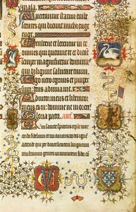 Dettaglio di stemmi e decorazioni animali, da San Pietro che guida Jean de France (1340-1416) Duca di Berry in Paradiso, dalle Grandes Heures de Duc de Berry da French School