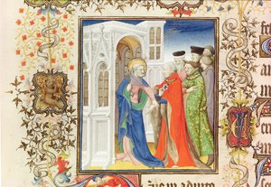 San Pietro guida Jean de France (1340-1416) Duca di Berry in Paradiso, dalle Grandes Heures de Duc de Berry, 1409 da French School