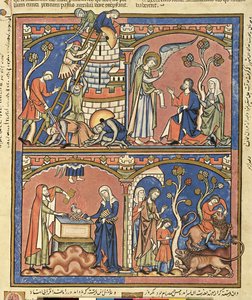 Ms M 638 fol.14r Abimelech e Sansone, dalla Bibbia illustrata di Morgan, c.1244-54 da French School
