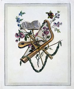 Strumenti musicali, da un libro di tavole incise dei disegni di Oppenord, pubblicato nel 1745 da French School