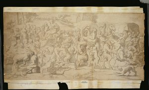 Scena mitologica con satiri da French School