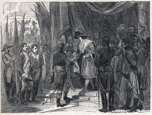 Napoleone Bonaparte (1769-1821) consegna il trattato di Campoformio al membro del Direttorio il 10 dicembre 1797. Questo trattato tra Francia e Austria segna la fine della Prima Coalizione da French School