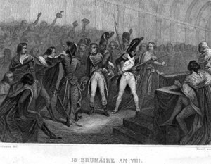 Colpo di stato di Napoleone Bonaparte il 18 Brumaio anno VIII (1799) nella Sala del Consiglio dei Cinquecento di Saint Cloud - in "Rivoluzione francese" di Thiers. XIX secolo da French School