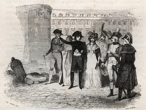 Napoleone passeggia con Madame Tallien, nata Theresa Cabarrus, Principessa di Caraman, Principessa di Caraman Chimay (1773-1835) a Place Vendome a Parigi - incisione in 