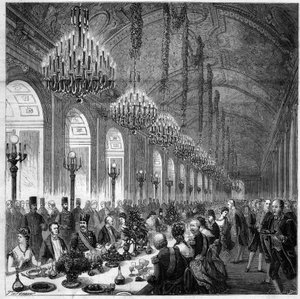 Nasir Al-Din (Nasser al-Din) (1831-1896) Scià di Persia a Versailles. Banchetto nella galleria di ghiaccio. alla sua sinistra Albert, Duca di Broglie (1821-1901). da French School