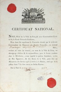 Certificato nazionale di buon comportamento durante la Rivoluzione francese, 8 agosto 1789 a Parigi da French School