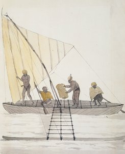 Indigeni delle Isole Basse e canoa a vela bilanciata, acquerello di Jules-Louis Lejeune, dal viaggio di Duperrey da French School