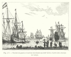 Navi da guerra e navi mercantili nel XVII secolo; da una stampa dell