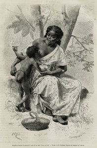 Negillon che fuma e prende il seno di sua madre, nella regione del Darien (Panama orientale), incisione da un disegno di D.Maillart, per illustrare la storia Esplorazione agli istmi di Panama e Darien, di A. Reclus, tenente di nave, dal 1876 al 1878
