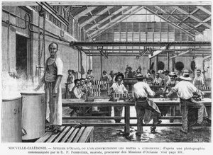 Nuova Caledonia, laboratorio a Ouaco, produzione di lattine, dopo una fotografia fornita dal Reverendo Padre Marista Forestier, illustrazione dal bollettino Les Missions Catholiques, 1889