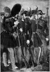 Nuove uniformi della guardia imperiale francese nel 1860. Incisione in "Le Monde Illustré" n.165 del 9 giugno 1860