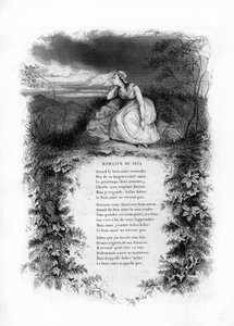 La storia di Nina. Una donna solitaria in abito da sposa sul bordo di una strada di campagna. Incisione in "Chants et chansons populaire de la France", Tome 2