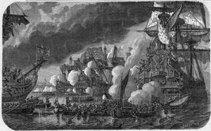 Guerra dei Nove Anni (Guerra della Lega di Augusta) (1688-1697): la Battaglia di La Hougue del 19/05/1692 tra la flotta anglo-olandese e la flotta francese del viceammiraglio Anne Hilarion de Costentin, conte di Tourville (1642-1701). da French School