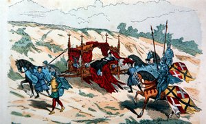 Nobile trasportato in una lettiga da servitori durante il XIV secolo in Europa