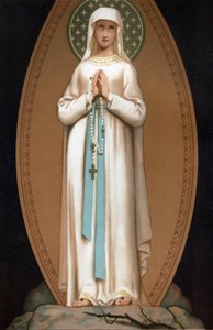 Notre Dame de Lourdes: rappresentazione della Vergine Maria come sarebbe apparsa a Bernadette Soubirous nella grotta di Lourdes nel 1858. Cromolitografia. Frontespizio di 