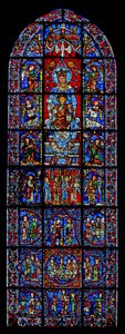 Notre Dame de la Belle Verriere; sotto ci sono scene delle nozze di Cana e della tentazione di Cristo nel deserto da French School