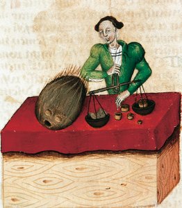 Mercante di noce moscata, miniatura da Tractatus de herbis, Francia XV secolo da French School