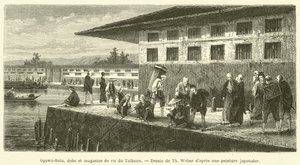 Ogawa-Bata, darsene e magazzini di riso del Taikoun (incisione) da French School