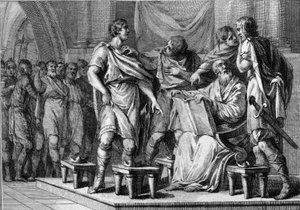 Alla morte di Clotario I, re dei Franchi, i suoi quattro figli ricevettero ciascuno una parte del regno. I loro nomi sono Cariberto I (ca. 520-567), Gontrano I (ca. 545-592), Sigeberto I (535-575) e Chilperico I (ca. 539-584). Incisione da French School