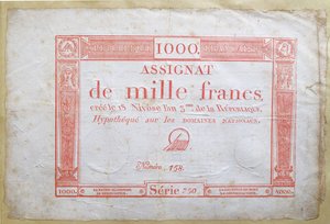 Banconota da mille franchi, 1795 (inchiostro su carta) da French School