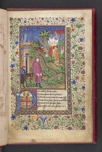 Pagina di apertura. Un gentiluomo in un paesaggio, seguito da un altro a cavallo, con tre signore. 