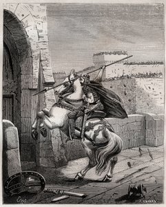 Ottone II, Sacro Romano Imperatore davanti a Parigi - Ottone II del Sacro Impero, detto il Rosso (955-983) irritato per non poter penetrare a Parigi (assedio di Parigi, 978), avanza sotto le mura della città per piantare la sua lancia nella porta - incisio da French School