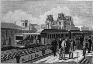 Panoramica della stazione ferroviaria sopraelevata e del treno elettrico a New York, USA. Incisione in "La Nature. Revue des sciences et de ses applications aux arts et à l