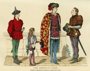 Costumi di paggi, signori e valletti nel XV secolo. Incisione a colori da un arazzo della cattedrale di Berna 1440-1450, in "France et les français à travers les siècles" di Augustin Challamel, editore F. Roy, Parigi 1882. Collezione Selva.