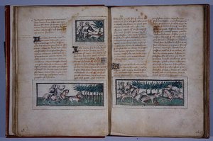 Pagine 57 e 58, da Le Livre du Roy Modus et de la Royne Racio, di Henri de Ferrieres, c.1420 da French School