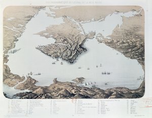 Veduta panoramica e pianta di Sebastopoli e della costa del Mar Nero al tempo della guerra di Crimea, 1855