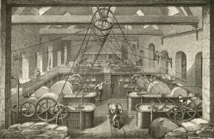 Fabbricazione della carta: sbiancamento della polpa di stracci. Incisione c1870.