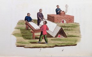Fabbricazione della carta dal bambù, da La Chine en Miniatures di M. Breton, pubblicato a Parigi, 1811 da French School