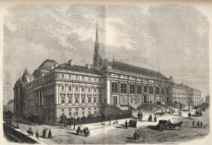 Parigi - nuova facciata del tribunale, costruita da Joseph-Louis Duc (1802-1879) - (Facciata Ovest, su Rue de Harlay) incisione del 1869 da French School
