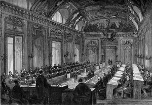 Parigi, 4 agosto 1871: prima riunione del consiglio comunale nella Sala del Trono del Palazzo del Lussemburgo. Incisione in "Le Monde Illustré" n.748 del 12 agosto 1871 da French School