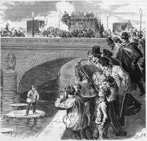 Parigi, inverno 1870: un bambino sale su un ghiacciolo diretto verso la Senna, dal ponte di Bercy al viadotto di Passy. Incisione in 