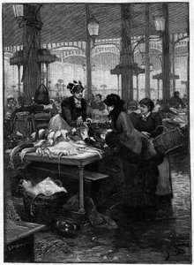 Scena parigina nel XIX secolo: un pescivendolo e un cliente alle Halles centrali. Incisione di Derbier dal dipinto di Gilbert. Fine del XIX secolo. In 