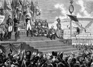 Festa ai Campi di Boulogne: Napoleone I console. Incisione - in "Histoire de France" di Henri Martin. 19° secolo da French School