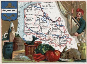 Pas de Calais (62), Nord Pas de Calais, Francia. Specialità locali: sapone nero, pesce sporco, sidro e tabacco. Serie sui Dipartimenti Francesi. Cromolitografia 
