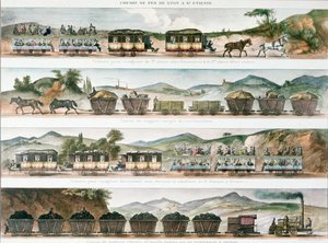 Passeggeri e merci sulla prima linea francese aperta tra Lione e St. Etienne, 1829 (litografia a colori)