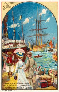 Passeggeri che imbarcano su una nave della linea Austrian Lloyd al porto di Suez, Egitto da French School