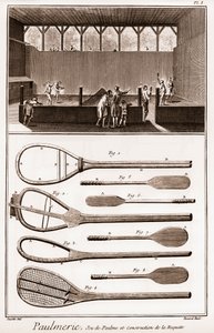 Paulmerie - Gioco della palma e costruzione della racchetta - Gioco di Paume e vari stadi nella costruzione delle racchette (paddle-bats o battoirs) - "La Grande Encyclopedie, ou Dictionnaire Raisonne des Sciences, des Arts et des Metiers" di Denis Diderot